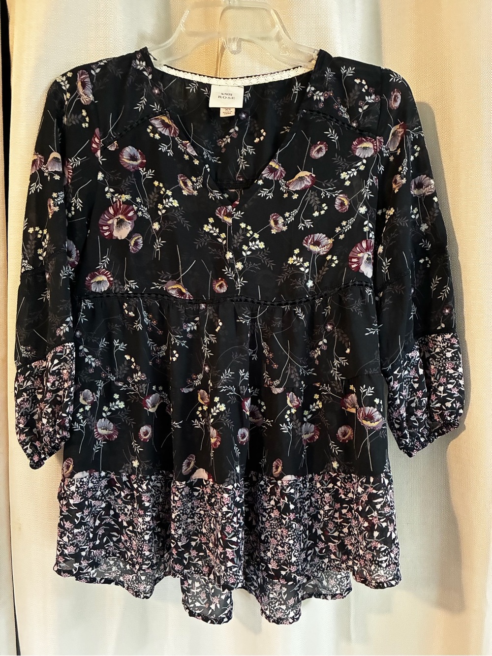 Knox Rose Black Floral Tunic with Purple & Cream Accents